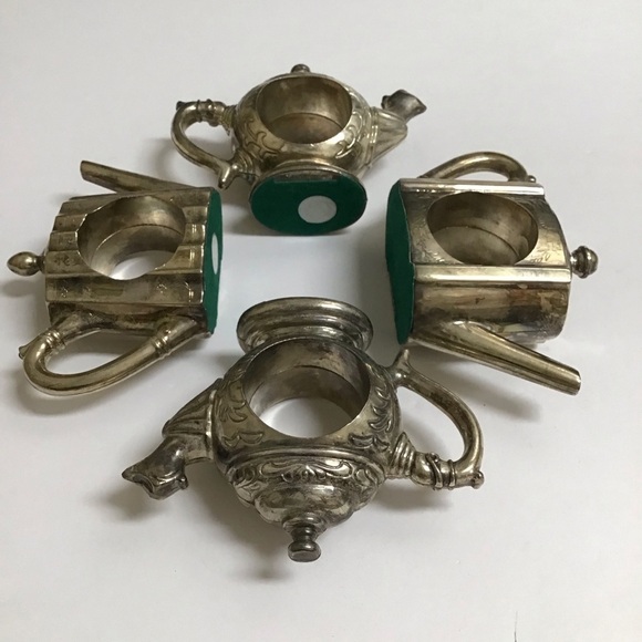 Teapot Napkin Rings SET OF 4 Godinger Silver-plate Mixed Silver Art 1994 Vintage - Picture 13 of 14